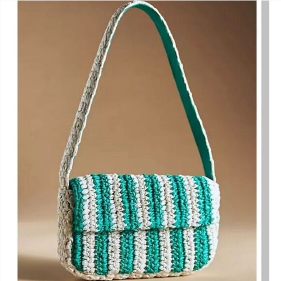 Anthropologie Handbags - Anthropologie Striped Raffia Shoulder Bag Green Retro Cream Chic NWOT